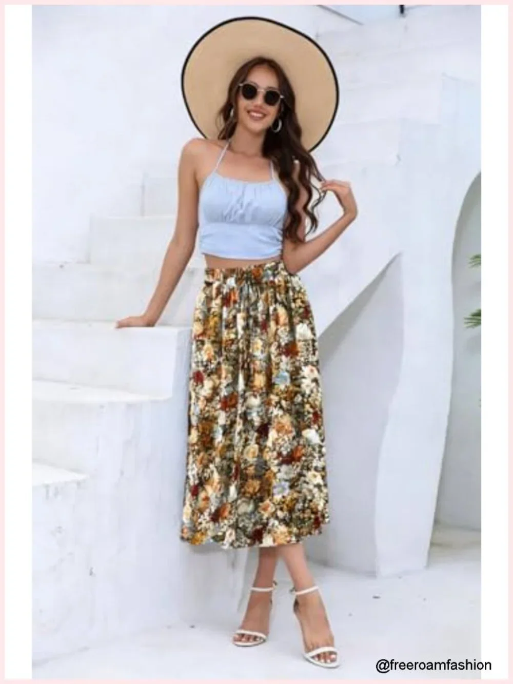 Floral Maxi Skirt with Pockets, Midi Length, A-Line, Flowy